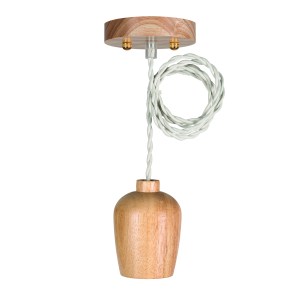 Wooden Pendant Set E27 + 1.5m Twisted Textile Cable Beige
